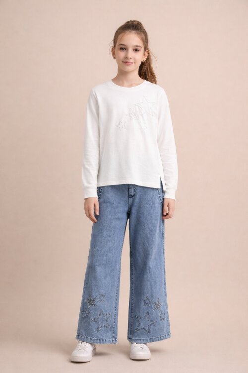 Ekru Yıldız İşlemeli Badili Jean Pantolonlu Kız Çocuk 2li Takım 23742