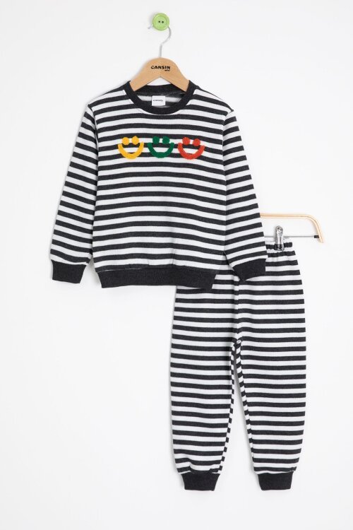 Füme Erkek Çocuk Gülenyüz Nakışlı Çizgili Şardonlu Takım 23322