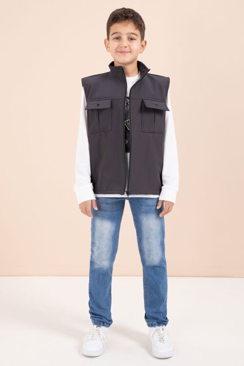 Füme Sıfır Kol Yelekli Badili Erkek Çocuk 3lü Pantolonlu Takım  23489