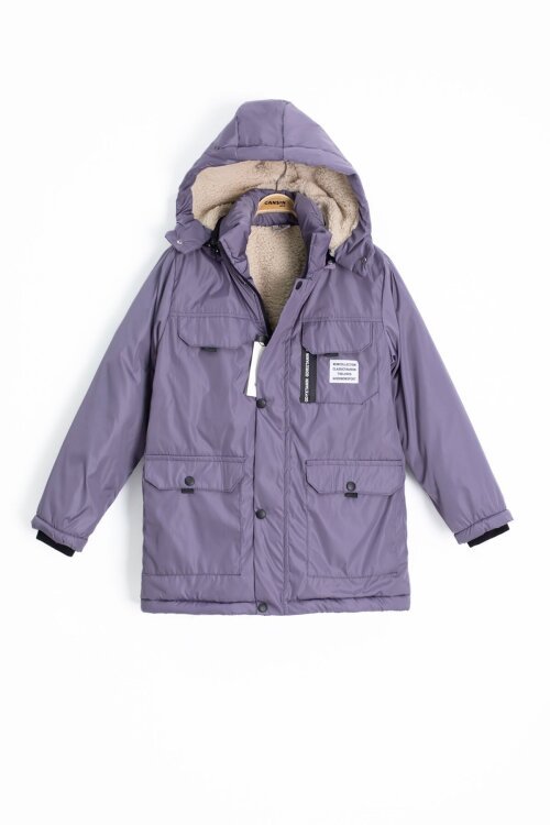 Füme Yazı Detaylı Göğüs Cepli İçi Kürklü Erkek Çocuk Kapüşonlu Mont 21536