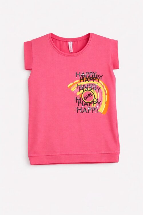 Fuşya Gökkuşağı Nakışlı Kız Çocuk Tişört 15568