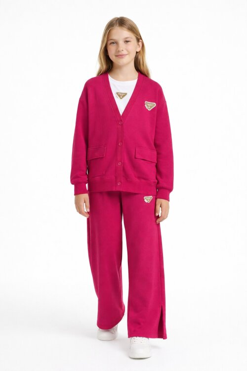 Fuşya Logo Detaylı Düğmeli Hırkalı kız Çocuk Yırtmaçlı 3lü Atl-Üst Takım 21378
