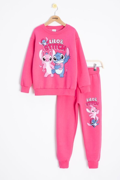 Fuşya Sevimli Simli Karakter Baskı Şardonlu Kız Çocuk Eşofman Takım 23297