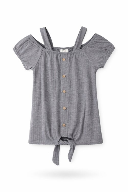 Gri Omuz Askılı Düğme Detaylı Kız Çocuk T-shirt 17606