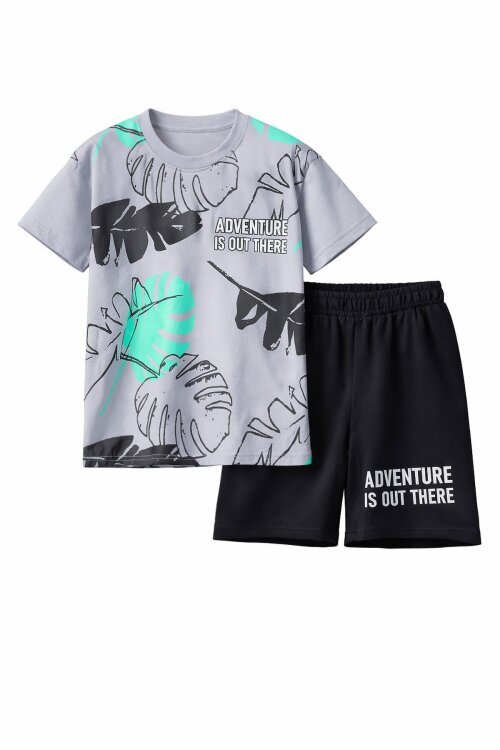 Gri Yaprak Baskılı Bisiklet Yaka Erkek Çocuk 2li Şortlu Takım 21055