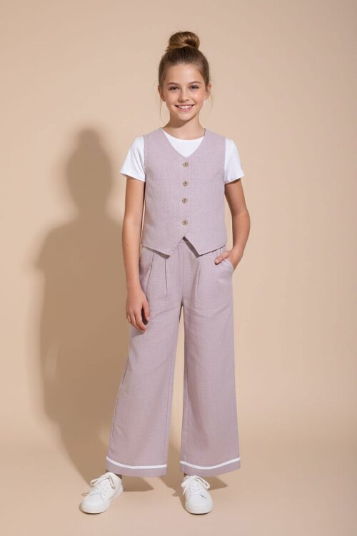 Gül Kurusu Düğmeli Keten Yelekli Geniş Paça Pantolonlu Kız Çocuk Takım 23491