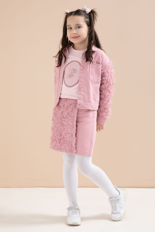 Gül Kurusu Gül Detaylı Şort Etekli ve Ceketli Kız Çocuk 3lü Badili Takım 23612