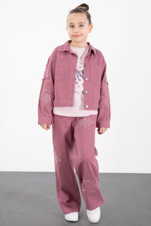 Gül Kurusu Kolları Star Taşlı Jean Ceketli Kız Çocuk 3lü Alt Üst Takım 23428