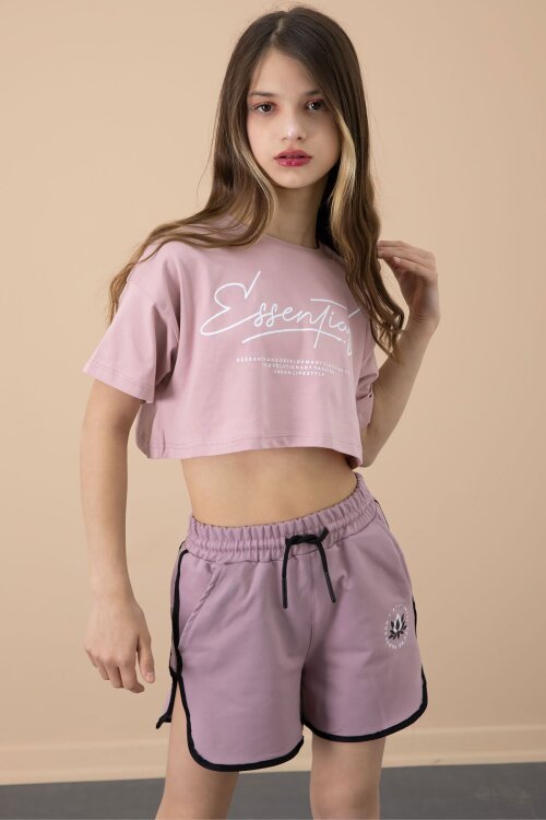 Gül Kurusu Yanları Yırtmaçlı Çiçek Baskılı Beli Lastikli Kız Çocuk Şort 20743