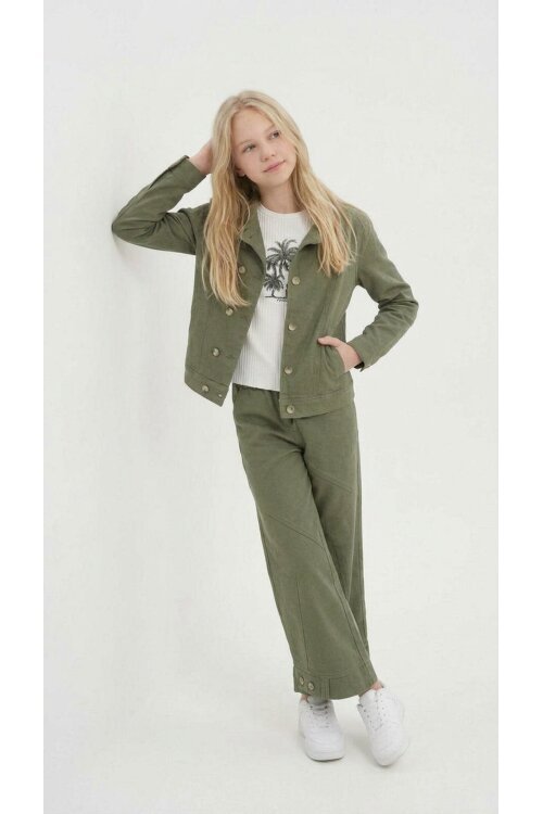 Haki Çift Düğme Detay Gömlekli Pantolonlu Kız Çocuk Gabardin Takım 23754