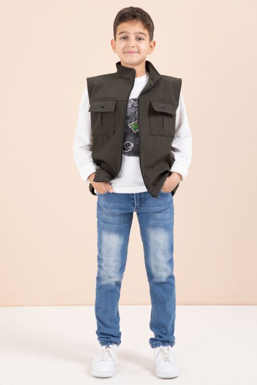 Haki Sıfır Kol Yelekli Badili Erkek Çocuk 3lü Pantolonlu Takım  23488
