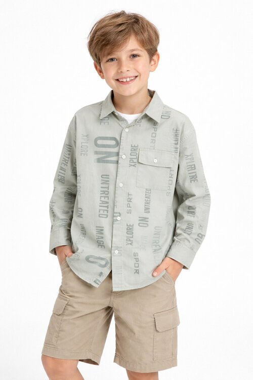 Haki Yazı Baskılı Gömlek Beyaz Tişörtlü Erkek Çocuk 2li Takım 20138