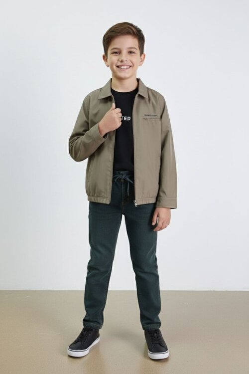 Haki Yazılı Ceketli Jean Pantolonlu Erkek Çocuk 3lü Takım 23376