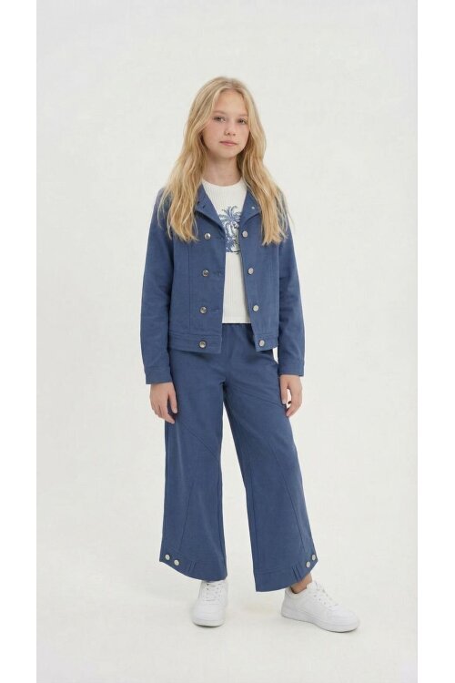 İndigo Çift Düğme Detay Gömlekli Pantolonlu Kız Çocuk Gabardin Takım 23542