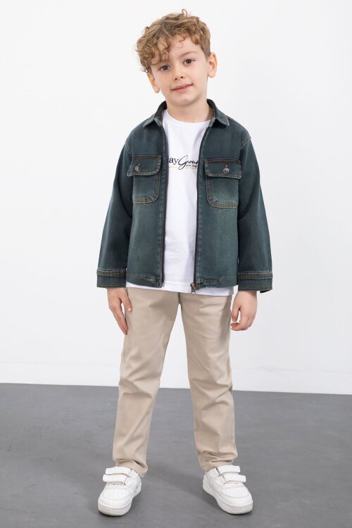 İndigo Fermuarlı Jean Ceketli Erkek Çocuk Pantolonlu 3lü Takım 23390