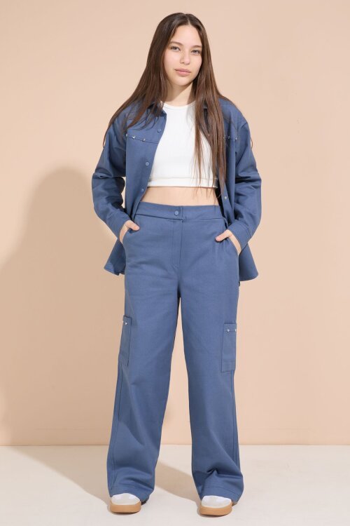 İndigo Kalp İşlemeli Gömlekli Geniş Paça Pantolonlu Kız Çocuk Gabardin Takım 23555