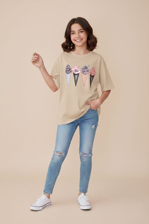 Kahve Dondurma Baskılı Taşlı Kız Çocuk Kısa Kol Oversize Tişört 20795
