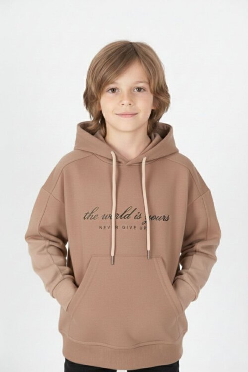 Kahve Göğüs Yazılı Kanguru Cepli Kapüşonlu Erkek Çocuk Sweatshirt 19341