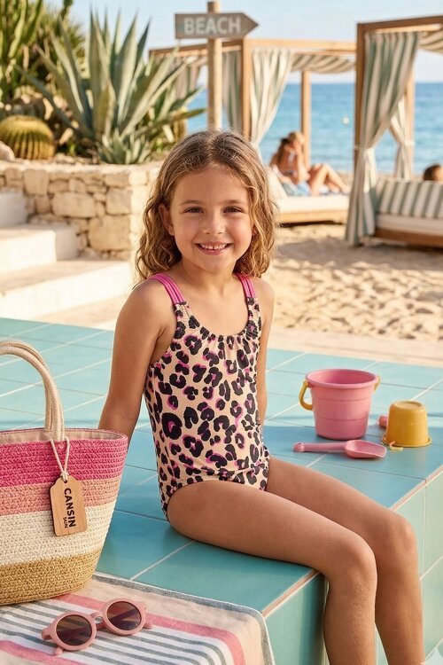 Kahve Leopar Desenli Askılı Kız Çocuk Mayo 21072