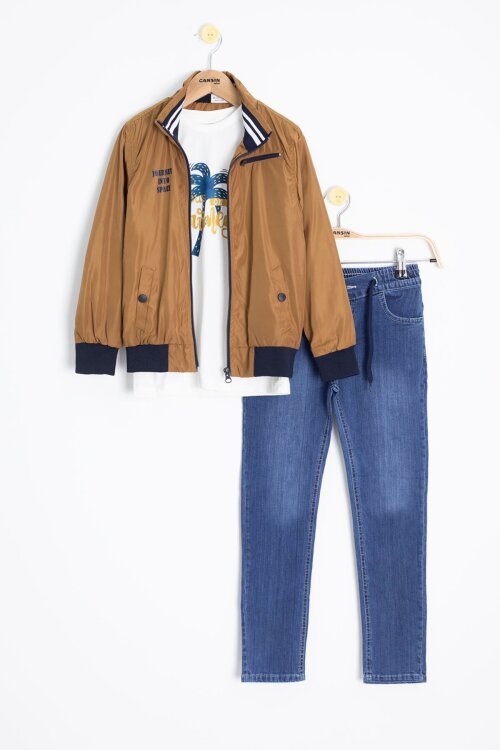 Kahve Palmiye Baskılı Tişörtlü Erkek Çocuk Ceketli 3lü Takım 18836