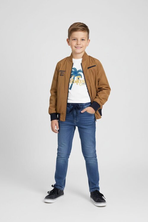 Kahve Palmiye Baskılı Tişörtlü Erkek Çocuk Ceketli 3lü Takım 18836