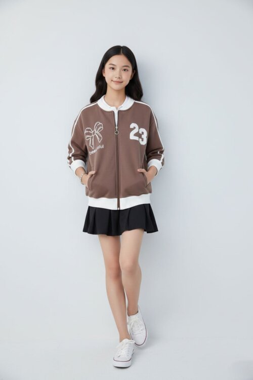 Kahverengi Beautifull Yazılı Kolu Şeritli Kız Çocuk Kolej Hırka 21193