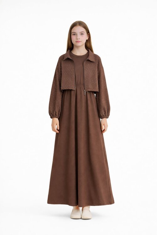 Kahverengi Fermuarlı Taşlı Crop Ceketli Sıfır Kol Kız Çocuk Elbise 23753