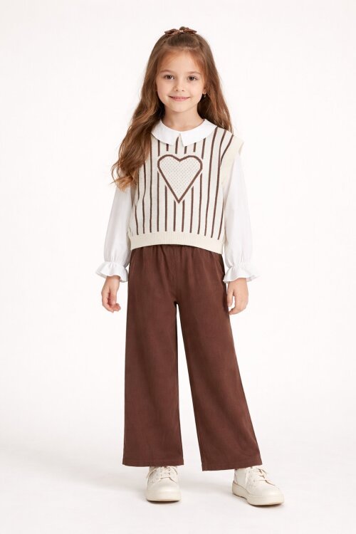 Kahverengi Kalp Desen Süveterli Gömlekli Kız Çocuk Pantolonlu 3lü Takım 23734