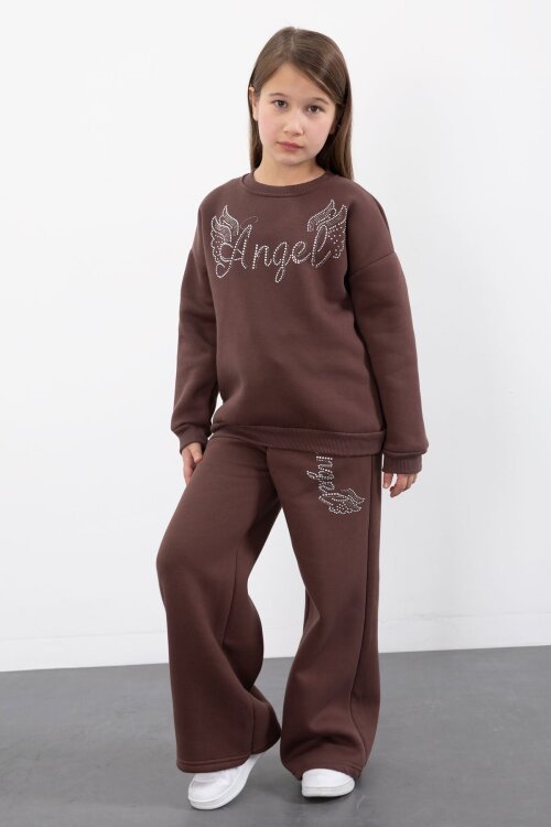 Kahverengi Kanatlı Angel Yazılı Kız Çocuk Şardonlu Eşofman Takımı 23346