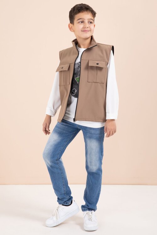 Kahverengi Sıfır Kol Yelekli Badili Erkek Çocuk 3lü Pantolonlu Takım  23487