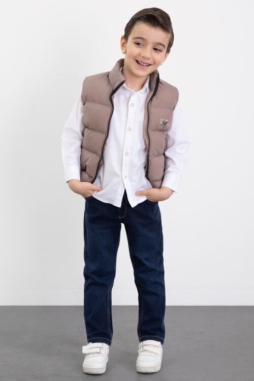 Kahverengi Şişme Yelekli Gömlekli Erkek Çocuk 3lü Pantolonlu Takım 23473