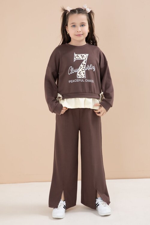 Kahverengi Yırtmaçlı Pantolonlu Fiyonklu Yazılı Badili Kız Çocuk 2li Takım 23596
