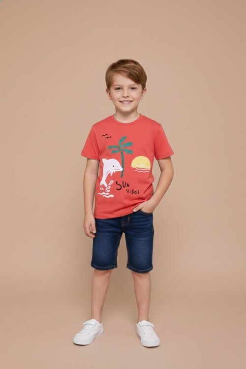 Kiremit Balık Baskılı Nakışlı Erkek Bebek Bisiklet Yaka Tişört 20946