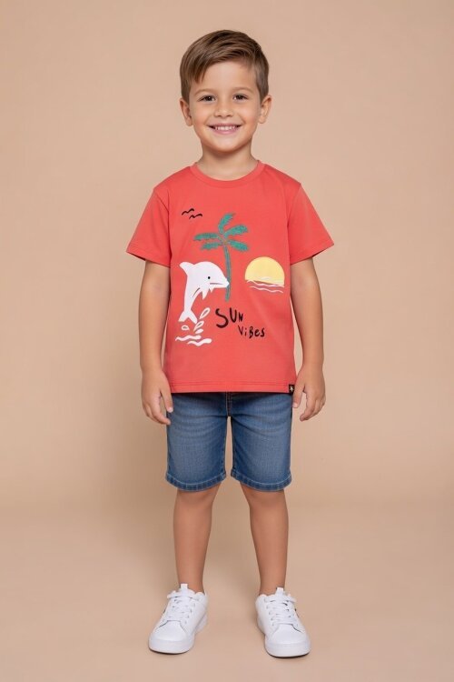 Kiremit Balık Baskılı Nakışlı Erkek Bebek Bisiklet Yaka Tişört 20946