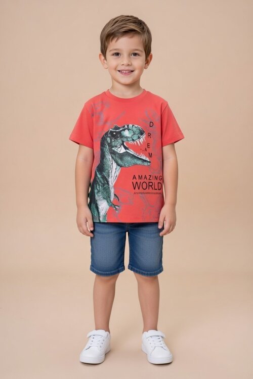 Kiremit Dinozor Baskılı Bisiklet Yaka Erkek Bebek Tişört 20953