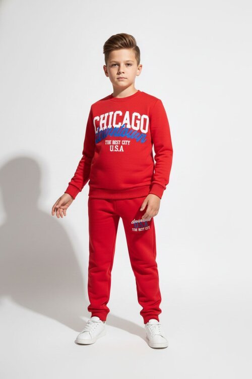 Kırmızı Chicago Baskılı Bisiklet Yaka Erkek Çocuk 2li Eşofman Takımı 22730