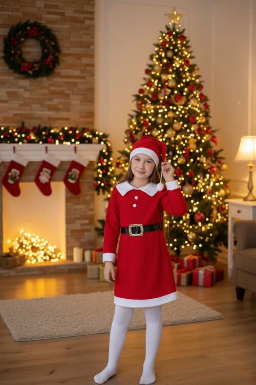 Kırmızı Kız Çocuk Yılbaşı Temalı Şapkalı Elbise  23326