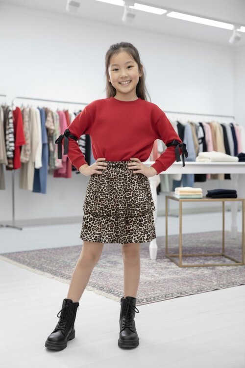 Kırmızı Kolları Fiyonk Detaylı Badili Leopar Etekli Kız Çocuk Takım 20188