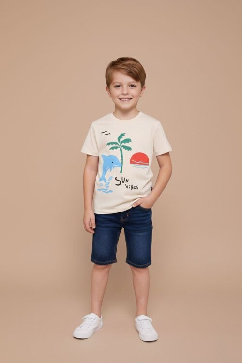 Krem Balık Baskılı Nakışlı Erkek Bebek Bisiklet Yaka Tişört 20945