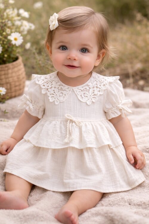 Krem  Dantel Yakalı Kız Bebek Kısa Kol Elbise  22666