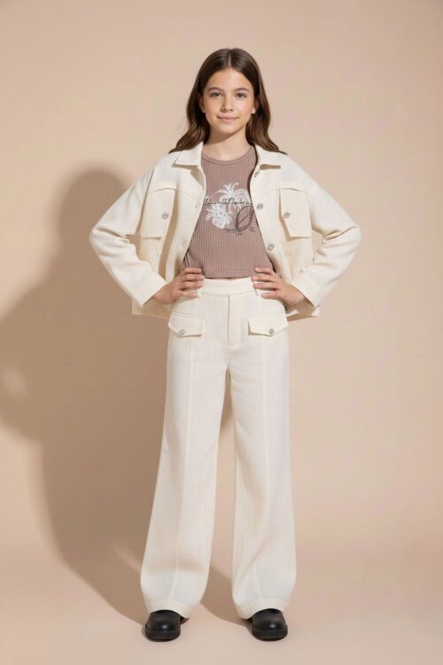 Krem Düğme Detaylı Keten Gömlekli Pantolonlu Kız Çocuk 3lü Takım 23495
