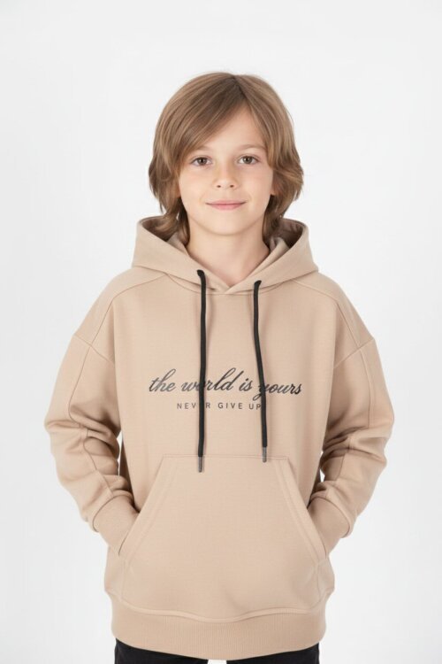 Krem Göğüs Yazılı Kanguru Cepli Kapüşonlu Erkek Çocuk Sweatshirt 19340