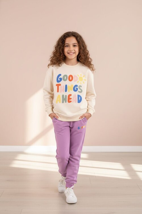 Krem Good Things Nakışlı Kız Çocuk Bisiklet Yaka Eşofman Takımı 23391