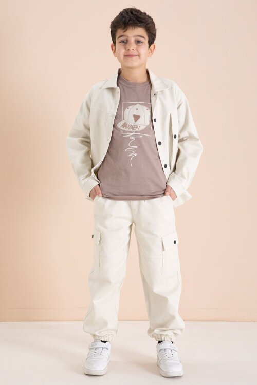 Krem Kargo Cepli Jean Ceketli ve Pantolonlu Erkek Çocuk Tişörtlü 3lü Takım  23537