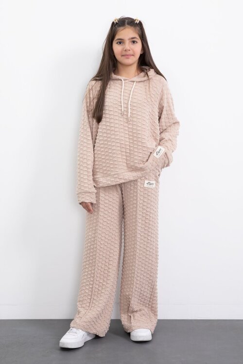 Krem Kız Çocuk Dokulu Geniş Paça Kapüşonlu Eşofman Takımı 23303