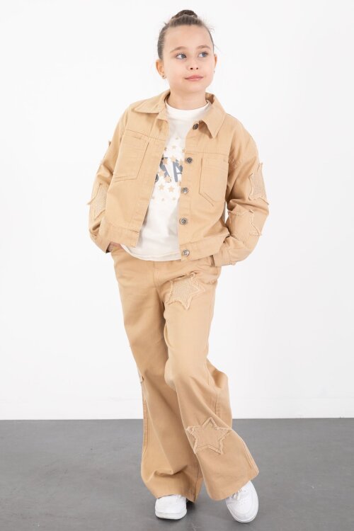 Krem Kolları Star Taşlı Jean Ceketli Kız Çocuk 3lü Alt Üst Takım 23425