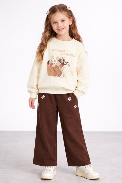 Krem Papatya Nakış Detaylı Jean Pantolonlu Kız Çocuk 2li Takım 23520