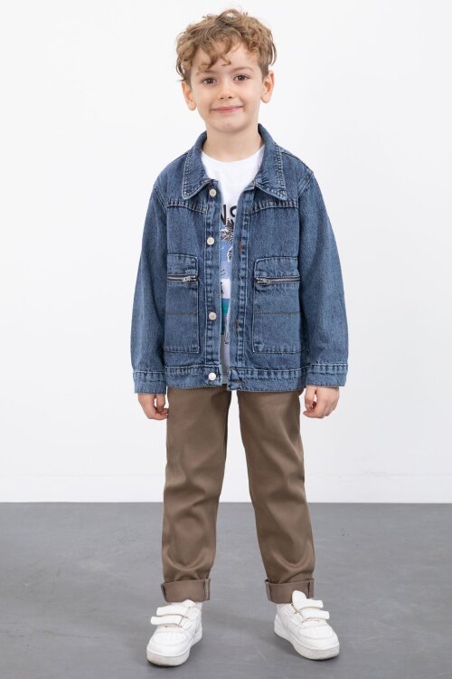 Lacivert Fermuar Cepli Jean Ceketli Erkek Çocuk Pantolonlu 3lü Takım 20018