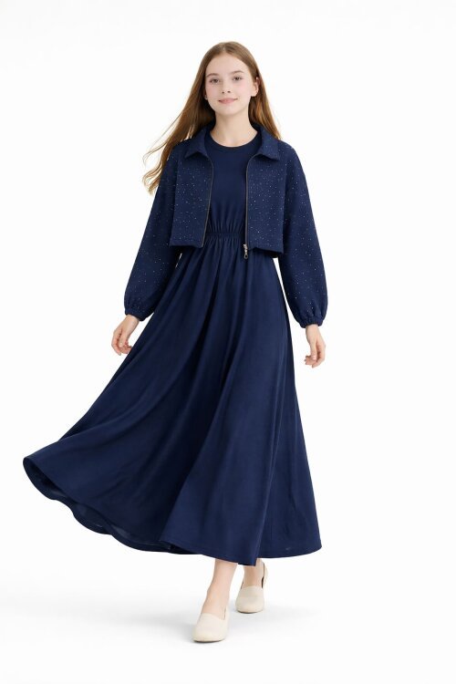 Lacivert Fermuarlı Taşlı Crop Ceketli Sıfır Kol Kız Çocuk Elbise 23751