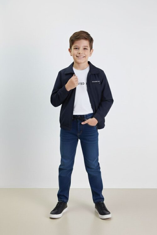 Lacivert Yazılı Ceketli Jean Pantolonlu Erkek Çocuk 3lü Takım 23374